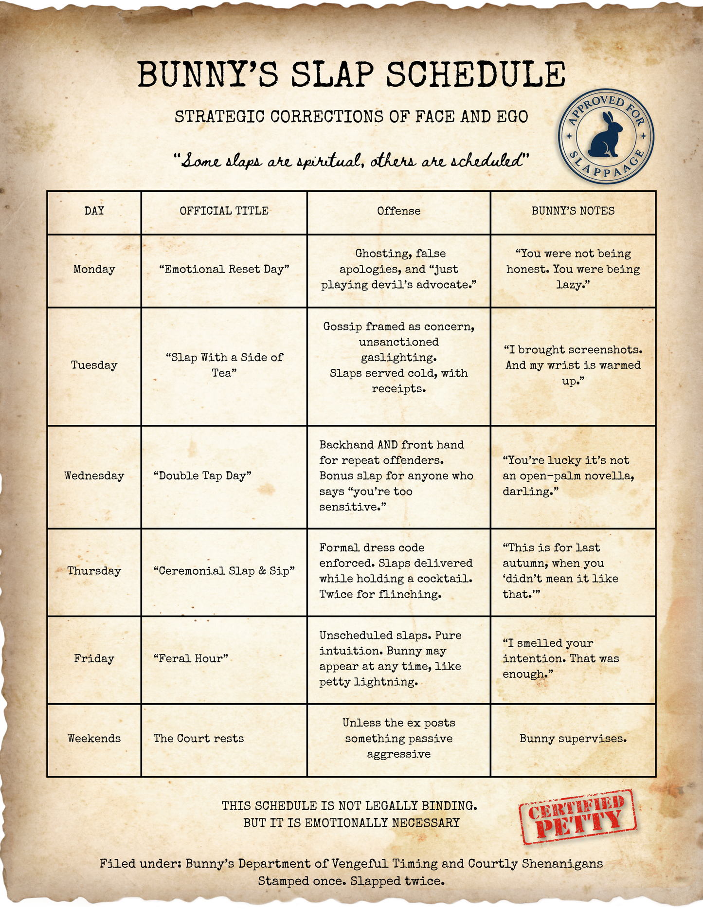 Bunny's Official Slap Schedule- Free Download